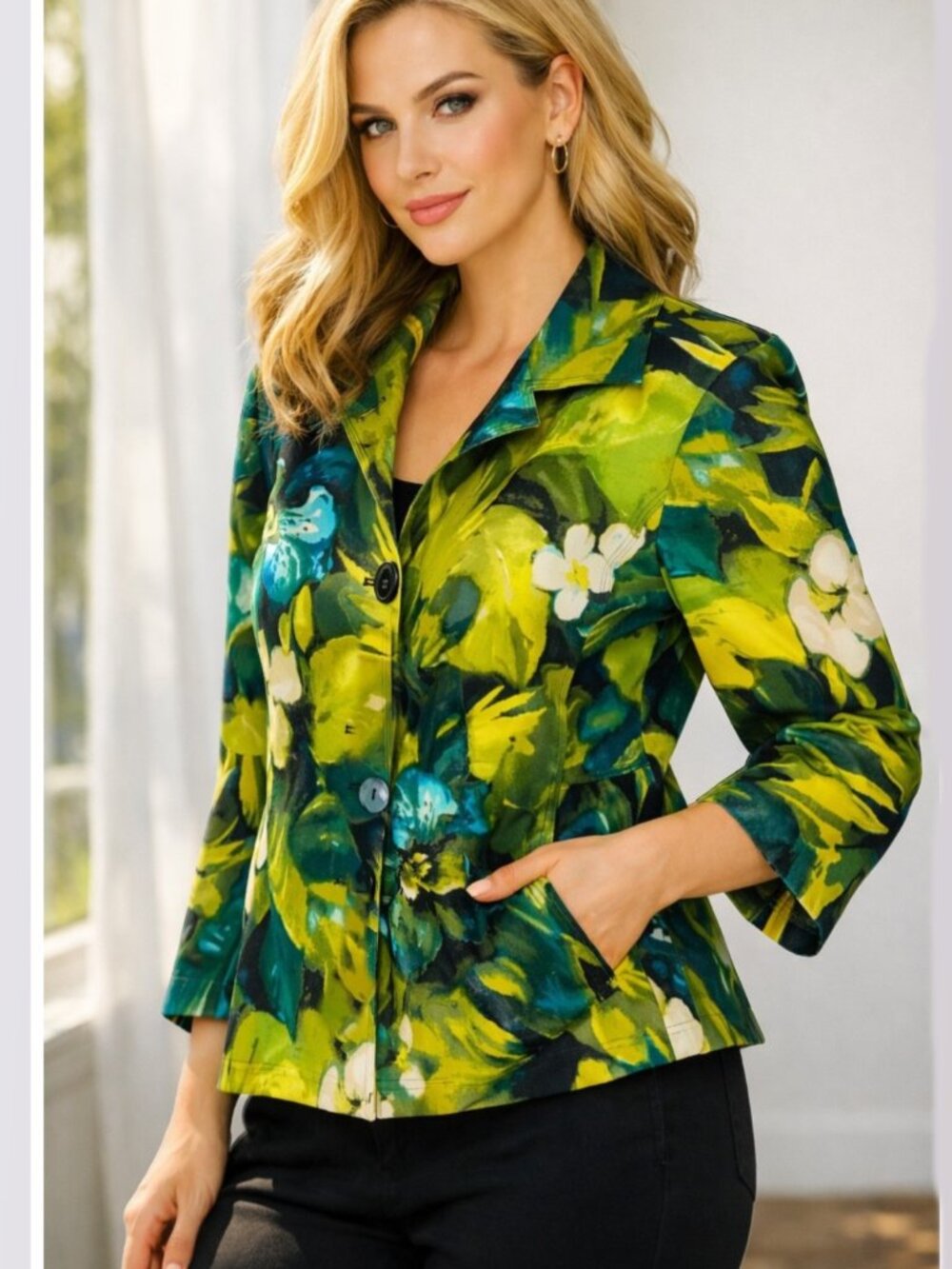 CHICO'S Tropical Floral Botanical Blazer Green Yellow Teal Art Print Jacket Sz L